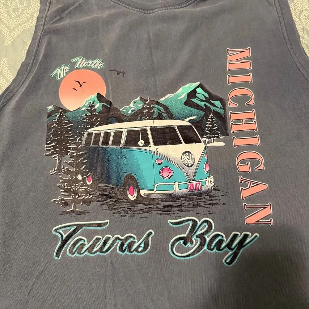 Comfort Colors tank top mens L blue Michigan Tawas Bay graphic sleeveless